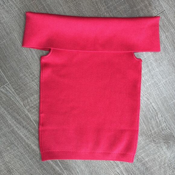 7 FOR ALL MANKIND Women’s Hot Pink Ribbed Off Shoulder Fitted Top - Picture 7 of 9